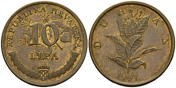 Хорватия 10 лип 1997 табак обыкновенный, легенда на хорватском KM 6 сталь плакированная латунью 4154-625
