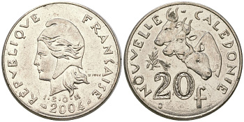 Французская Новая Каледония 20 франков 2004 три быка, (IEOM) KM 12, Schoen 14, Lec 15h никель 4131-715