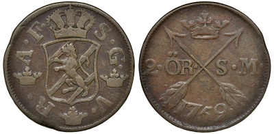 Швеция 2 эре 1759 S.M. диаметр 34 мм, вес 28,3 гр KM 461 медь 4179-321