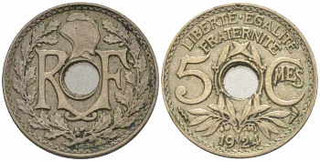 ФРАНЦИЯ 5 САНТИМОВ 1924 tb, ТИП ЛИНДАЙЁ, МОНЕТНЫЙ ДВОР ПУАССИ, МОЛНИЯ KM 875, LE FRANC 122.9 медно-никель 4379-329