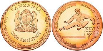 Танзания 2000 шиллингов 1996 XXVI Олимпийские игры 1996 года в Атланте, 100 лет Олимпийскому движению, карате, пробник, гладкий гурт медь PROOF 06-158-13