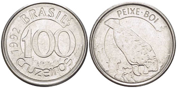 БРАЗИЛИЯ 100 КРУЗЕЙРО 1992 РЕФОРМА 1990-1993, ЛАМАНТИН KM 623 нержавеющая сталь 4387-1255