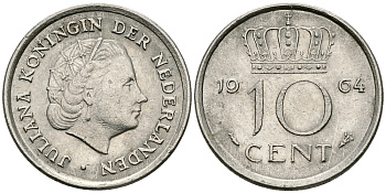 НИДЕРЛАНДЫ 10 ЦЕНТОВ 1964 ЮЛИАНА KM 182 никель 96-447