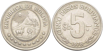 БОЛИВИЯ 5 ПЕСО 1976 KM 197 сталь плакированная никелем 4512-1013