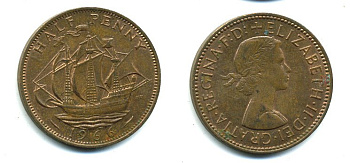 Великобритания 1/2 пенни 1966 Елизавета II (1952-2022) KM 896, Spink 4158 бронза 41-657