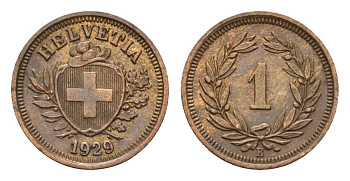 Швейцария 1 раппен 1929 B KM 3.2 бронза 46-542