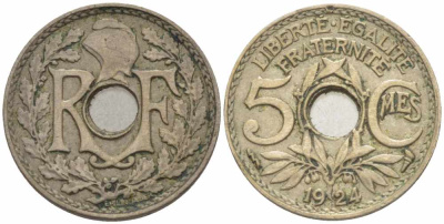 ФРАНЦИЯ 5 САНТИМОВ 1924 tb, ТИП ЛИНДАЙЁ, МОНЕТНЫЙ ДВОР ПУАССИ, МОЛНИЯ KM 875, LE FRANC 122.9 медно-никель 4379-329