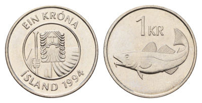 Исландия 1 крона 1994 треска KM 27a сталь плакированная никелем UNC 4647-1218
