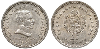 Уругвай 25 сентесимо 1960 KM 40 медно-никель 4580-1163