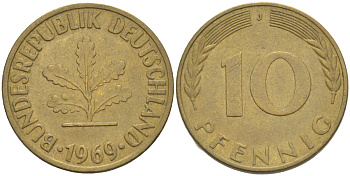 ФРГ 10 ПФЕННИГОВ 1969 J KM 108, J. 383 сталь плакированная латунью 4182-812