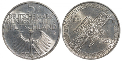 ФРГ 5 марок 1952 100 лет Германскому национальному музею в Нюрнберге, цена по каталогу 700 евро J. 388, KM 113 серебро UNC 10-020-22