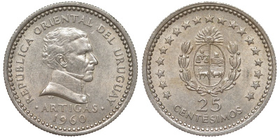 Уругвай 25 сентесимо 1960 KM 40 медно-никель 4580-1163