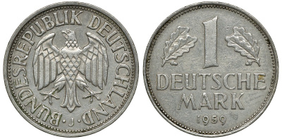 ФРГ 1 МАРКА 1959 J J 385, KM 110 медно-никель 72-655