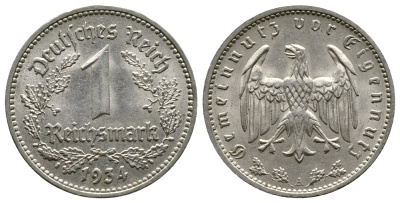 ГЕРМАНИЯ 1 РЕЙХСМАРКА 1934 А KM 78, J. 354 никель 4380-517