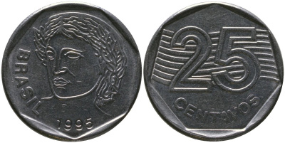 Бразилия 25 сентаво 1995 KM 634, Schon 143 нержавеющая сталь 4519-1141
