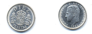 ИСПАНИЯ 10 ПЕСЕТ 1983 KM 827 медно-никель 54-1927