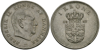 Дания 1 крона 1963 C; S, Фредерик IX (1947-1972) KM 851 медно-никель 4138-821