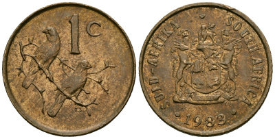 ЮАР 1 цент 1983 герб, капские воробьи KM 82 бронза 4136-848