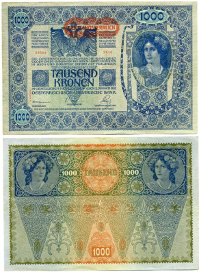 АВСТРИЯ 1000 КРОН 1919 ГОРИЗОНТАЛЬНАЯ НАДПЕЧАТКА НА 1902 Pick 57а бумага 7146-13-3-2