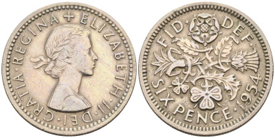 Великобритания 6 пенсов 1954 Елизавета II (1952-2022) KM 903, Spink 4149 медно-никель 4588-522