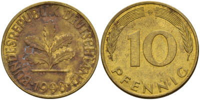 ФРГ 10 пфеннигов 1990 G J. 383, KM 108 сталь плакированная латунью    4603-627