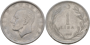 Турция 1 лира 1959 Мустафа Кемаль Ататюрк KM 889a.1 нержавеющая сталь 4149-1235