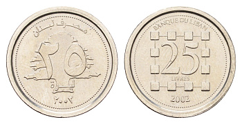 Ливан 25 ливров 2002 год-тип KM 40 сталь плакированная никелем UNC 4674-1139