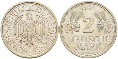 ФРГ 2 марки 1951 J J.386 KM 111 медно-никель плакированный никелем 23-554