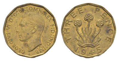 Великобритания 3 пенса 1945 Георг VI (1936-1952) KM 849, Spink 4112 никель латунь UNC 73-1053