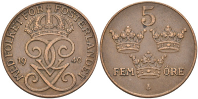 Швеция 5 эре 1940 Густав V (1907-1950), serif 4 KM 779.2 бронза 4557-643