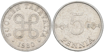 ФИНЛЯНДИЯ 5 ПЕННИ 1980 KM 45а алюминий 192-1224