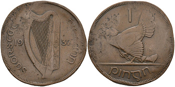 Ирландия 1 пенни 1937 курица с цыплятами KM 3 бронза 4572-712