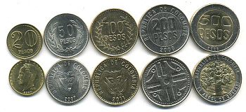 Колумбия лот из 5 монет 2007-2011 20, 50, 100, 200, 500 песо UNC N2-46
