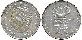 Швеция 1 крона 1963 U, Густав VI Адольф (1950-1973) KM 826 серебро 4178-453