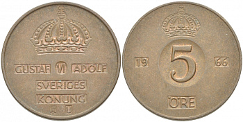 Швеция 5 эре 1966 U, Густав VI Адольф (1950-1973) КМ 822 бронза 77-534