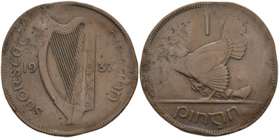 Ирландия 1 пенни 1937 курица с цыплятами KM 3 бронза 4572-712