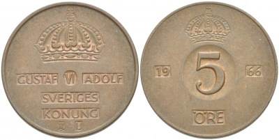 Швеция 5 эре 1966 U, Густав VI Адольф (1950-1973) КМ 822 бронза 77-534