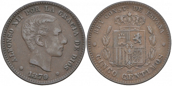 ИСПАНИЯ 5 СЕНТИМО 1879 ОМ, АЛЬФОНСО XII KM 674 бронза 186-122