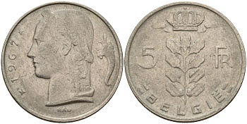 Бельгия 5 франков 1967 Belgie KM 135 медно-никель 4150-815