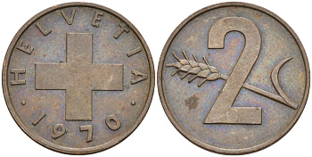Швейцария 2 раппена 1970 KM 47 бронза 4592-644