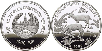Лаос 1000 кипов 1997 серия защита природы, длиннорогая саола KM 67 серебро PROOF 1078-7-54