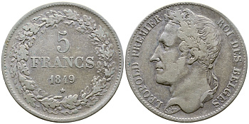 Бельгия 5 франков 1849 Леопольд I (1831-1865), в венке KM 3.2 серебро 74-1032