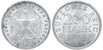 Германия 200 марок 1923 A KM 35, J. 304, Weege 22 алюминий 4604-544