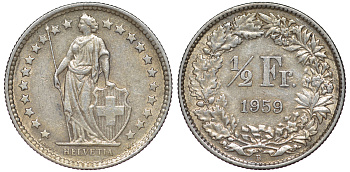 ШВЕЙЦАРИЯ 1/2 ФРАНКА 1959 KM 23 серебро 4178-311