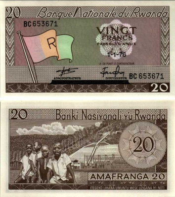 РУАНДА 20 ФРАНКОВ 1976 1 ЯНВАРЯ 1976, ФЛАГ РУАНДЫ Pick 6е бумага UNC (ПРЕСС) 6312-66-2-2