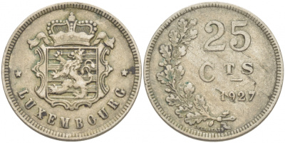 ЛЮКСЕМБУРГ 25 САНТИМОВ 1927 ГОД ТИП KM 37 медно-никель 77-831