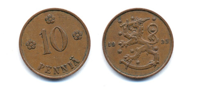 Финляндия 10 пенни 1935 республика (1918-1962) KM 24 медь 51-5443