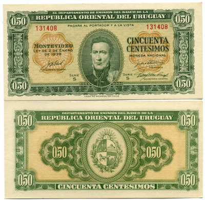 Уругвай 50 сентесимо 1939 Хосе Хервасио Артигас, серия S Pick 34 бумага UNC (пресс) 447-86-3-2