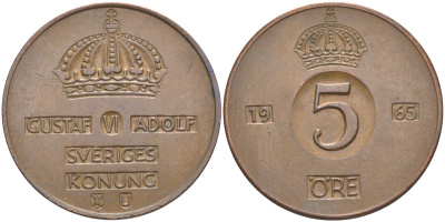 Швеция 5 эре 1965 U, Густав VI Адольф(1950-1973) KM 822 бронза 219-943
