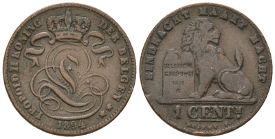 Бельгия 1 сантим 1894 Belgen, Леопольд II (1865-1909) KM 34.1 медь 4621-644